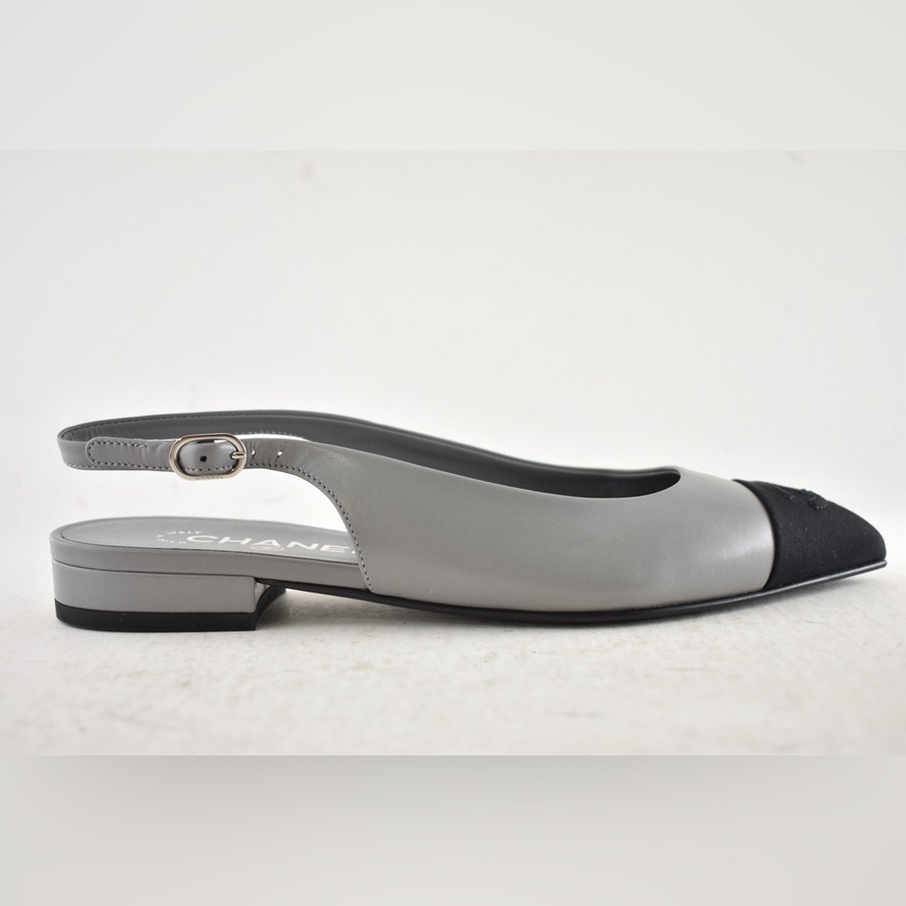 Chanel 24A Gray Leather Black CC Logo Coco Slingback Pointed Toe Ballet Flat 36c - Picture 2 of 16